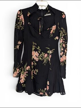 Reformation Black Floral Long-Sleeve High Neck Front Tie Scalloped Mini Dress 0
